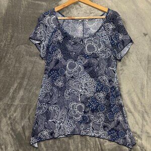 Women's Navy & White Floral Short Sleeve Top Sz M/L Flutter Sleeve Sharkbite Hem